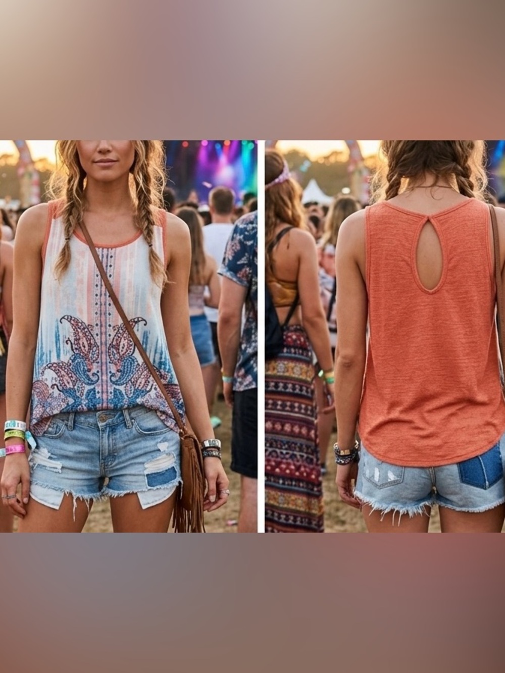 Boho Stripe & Paisley Sleeveless Tank Top - Coral & Multi